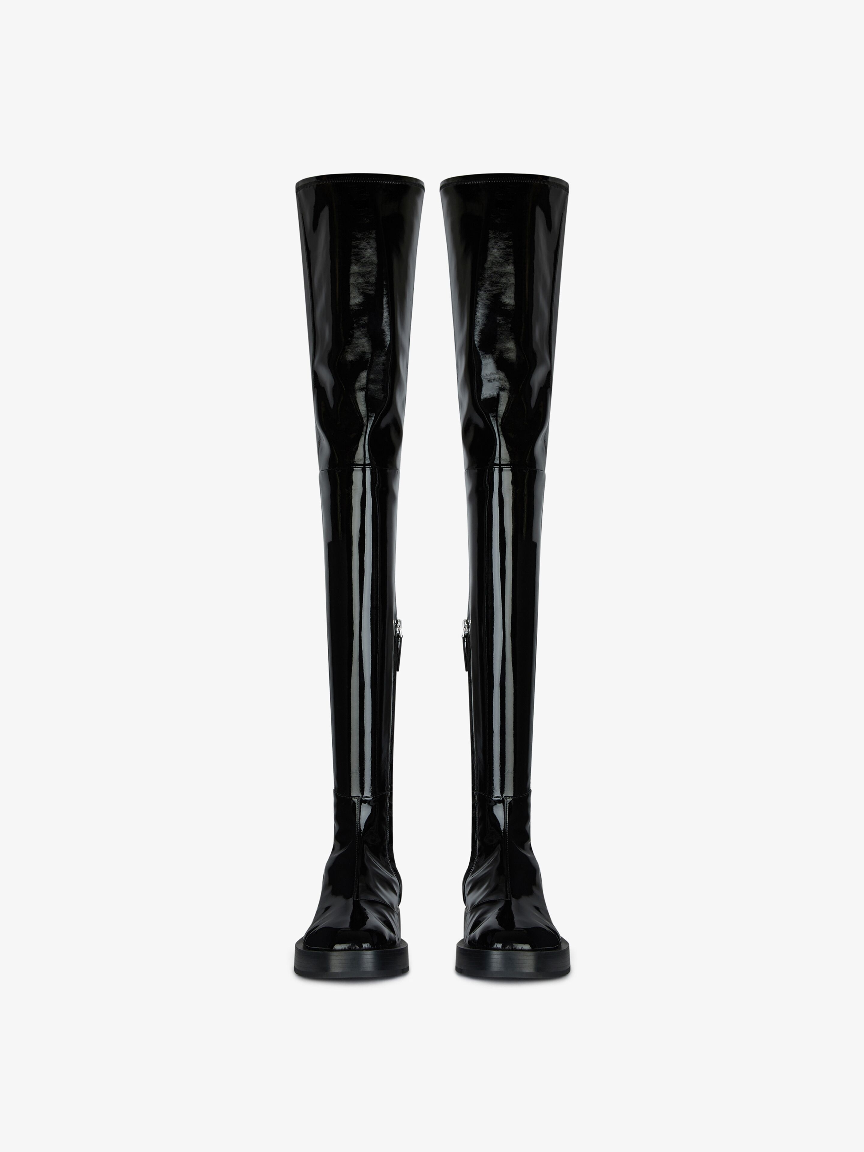 Squared patent thigh boots